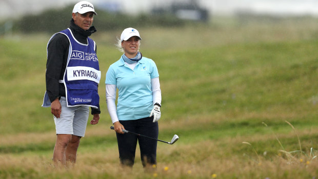 Steph Kyriacou  with her dad and caddie Nick Kyriacou at the Women's Open at Royal Troon.