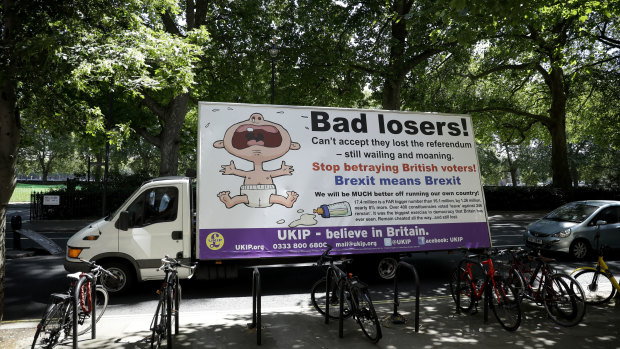 A UK Independence Party (UKIP) pro-Brexit billboard sits in traffic as it is driven around the Westminster area of central London on  June 22, 2018. 