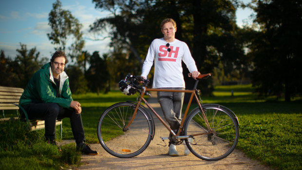 CrowdSpot director Anthony Aisenberg​ with Michael Barrett, who says he started taking different routes after colliding with a car on St Kilda Road last year.