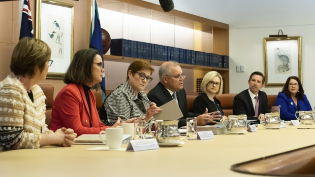 Prime Minister Scott Morrison and Minister for Women Marise Payne, centre, led the first meeting of cabinet’s new women’s taskforce.