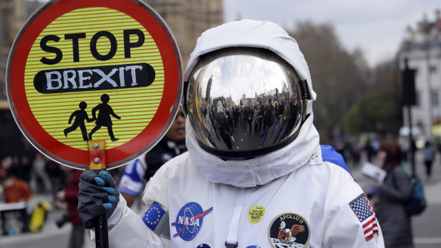 A demonstrator pictured during a Peoples Vote anti-Brexit march in London on Saturday.
