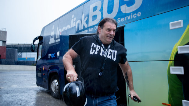 Victorian CFMMEU boss John Setka outside a bus used to test construction workers for coronavirus in April.