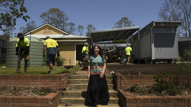 Deputy principal of Bobin Public School Sarah Parker during the rebuilding of the school in January. The school was completely destroyed in a firestorm in November last year.