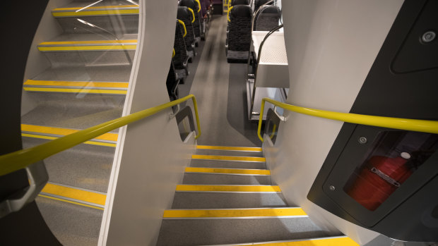 The stairs on the new trains are easier to climb than on the state's old V-sets.