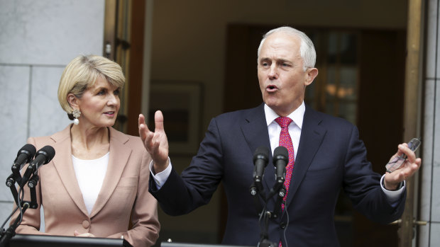Obvious remedy: Julie Bishop and Malcolm Turnbull face the media after the leadership spill.