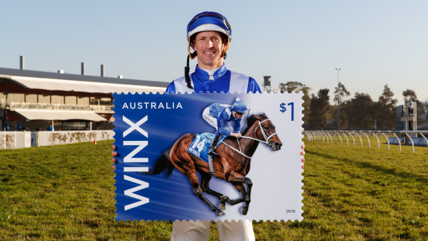 Stamp of approval: Australia Post will release a commemorative  stamp to celebrate the record breaking 26th consecutive race win by Winx, ridden Hugh Bowman.