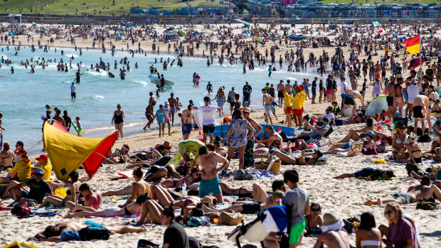 Bondi Beach was close to full capacity on Monday as Sydneysiders made the most of the public holiday.