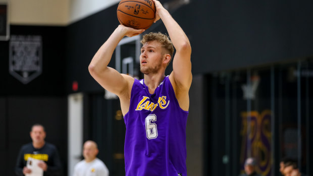 Dream shot: Australian St Mary’s center Jock Landale tries out for the Los Angeles Lakers.