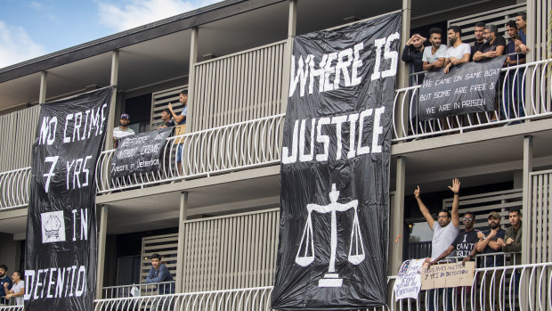 Men detained in the Kangaroo Point Cental Hotel had been taking part in a balcony protest against their treatment for months before the situation escalated earlier in June.