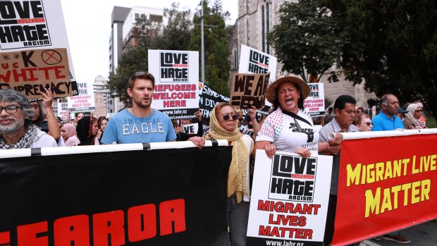 The Love Aotearoa Hate Racism rally at Aotea Square in Auckland. 