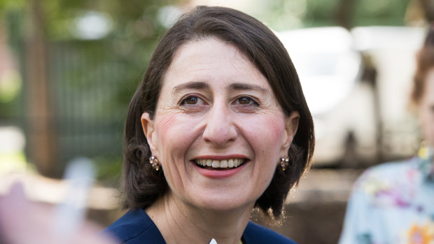 Premier Gladys Berejiklian at a press call  on Sunday following her election victory.
