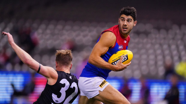 Demons coach Simon Goodwin says Christian Petracca, pictured during round two, is the most dynamic he has ever seen him. 