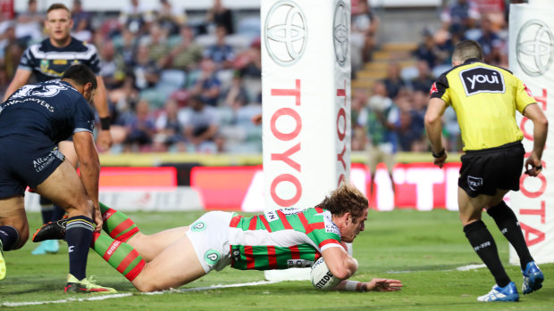 Off the mark: George Burgess scores an early try for the Rabbitohs.