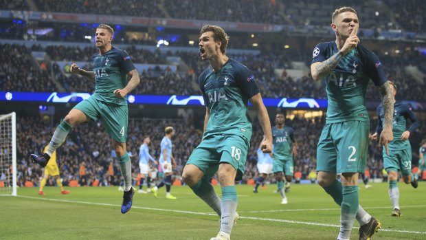 Tottenham's Fernando Llorente (centre) celebrates the Spurs' third goal. They went through on away goals.
