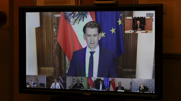 Austrian Chancellor Sebastian Kurz during a meeting of the First Movers group comprised of world leaders including Prime Minister Scott Morrison.