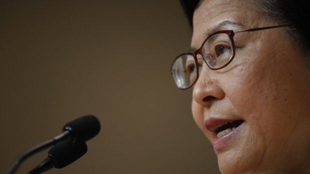 Hong Kong Chief Executive Carrie Lam reacts during a press conference in Hong Kong. 