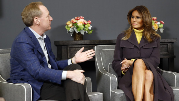 The first lady participated in a discussion with Microsoft president Brad Smith at the company's Washington headquarters.