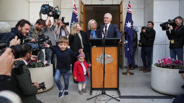 Outgoing PM Malcolm Turnbull with wife Lucy, daughter Daisy, granddaughter Alice and grandson Jack. 
