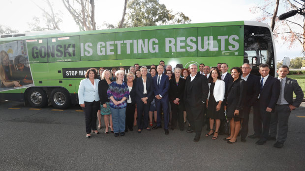 Opposition Leader Bill Shorten together with Labor caucus pose for photos at the Gonski showcase.