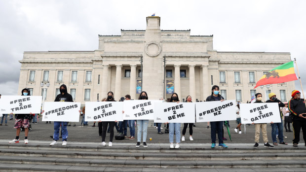 People attend an anti lockdown protest at the Auckland Domain on Saturday.