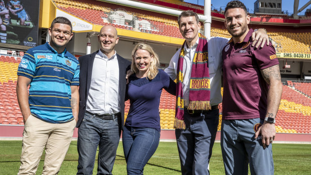 (From left) Titans' player Ash Taylor, NRL CEO Todd Greenberg, Queensland Tourism Minister Kate Jones, Brisbane lord mayor Graham Quirk and Broncos' captain Darius Boyd at the launch of NRL Magic Round at Suncorp Stadium on Sunday.