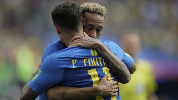 Relief: Brazil's Neymar celebrates with teammate Philippe Coutinho.