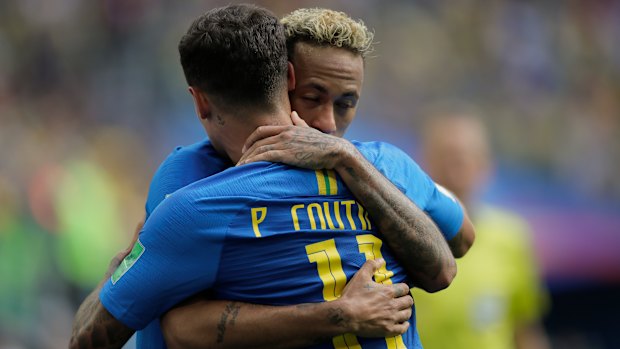 Relief: Brazil's Neymar celebrates with teammate Philippe Coutinho.