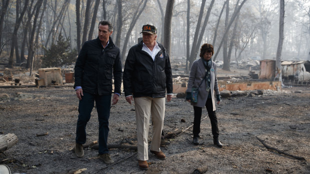 California Governor-elect Gavin Newsom, President Donald Trump and Paradise mayor Jody Jones in Paradise, California.