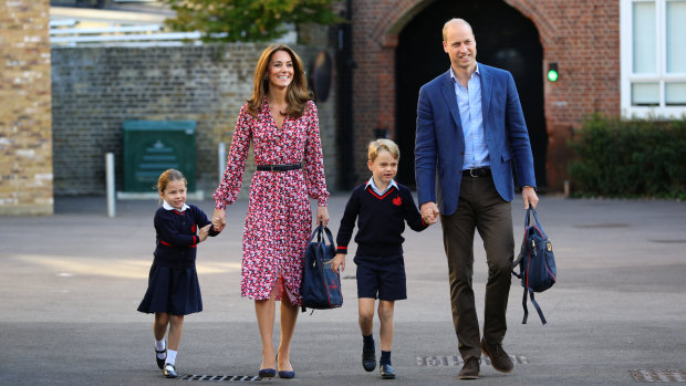 Princess Charlotte arrives for her first day of school, with her brother Prince George and her parents the Duke and Duchess of Cambridge, at Thomas's Battersea in London on Thursday.