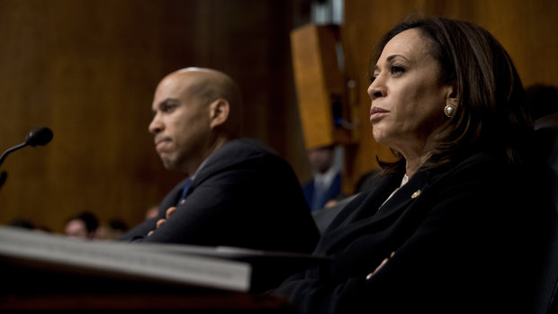 Democrats, including Senator Cory Booker (left) and Senator Kamala Harris (right) peppered Barr with hostile questions.