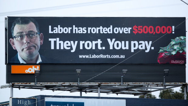 The 'Labor rorts' billboard hanging high above the Nepean Highway.