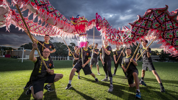 Canberra Dragon Dance members finish a training session at the University of Canberra.