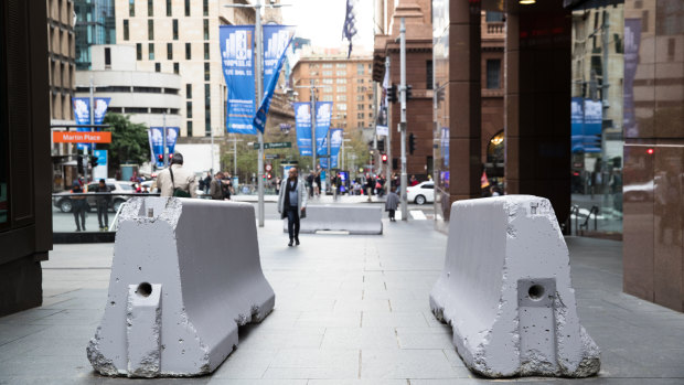 Concrete bollards installed in Martin Place, 2017.