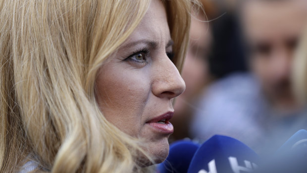 Zuzana Caputova speaks after casting her vote at a polling station in Pezinok, Slovakia, on Saturday. A pro-European lawyer, she will become the country's first female president.