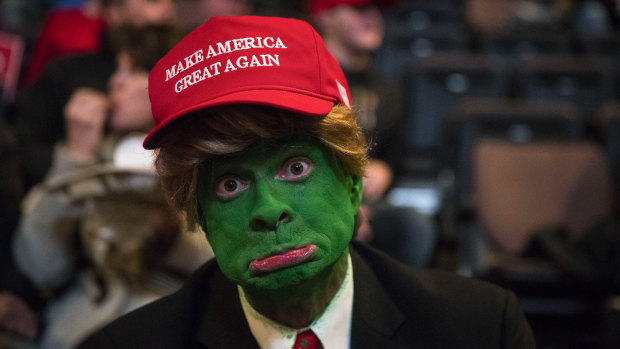 A man wearing face paint to resemble Pepe the Frog ahead of a rally for President-elect Donald Trump in 2016.