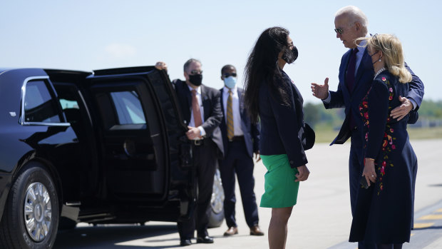 President Joe Biden speaks with Representative Rashida Tlaib, a Palestinian-American and one of the progressive members of the Democrats who opposes blind support for Israel. 