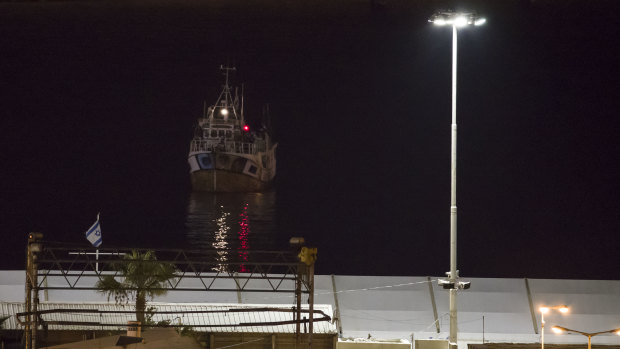 The boat bound to Gaza Strip and intercepted by Israeli navy arrives to Ashdod port, Israel, on Sunday. 