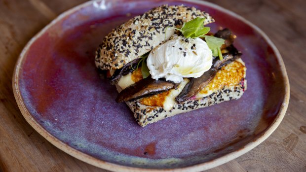 Two Chaps’ brekkie ciabatta with grilled mushrooms, beetroot relish, fresco halloumi and poached egg.