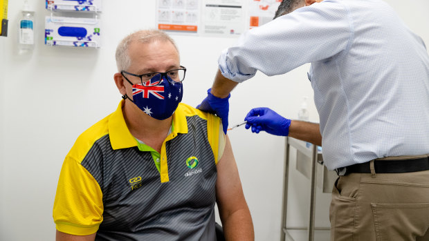 Prime Minister Scott Morrison receiving his second Pfizer jab on Sunday.