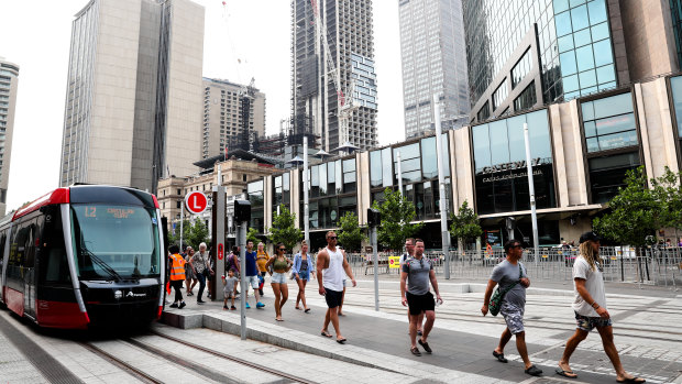 Sydney's new CBD light rail pulls up at Circular Quay.