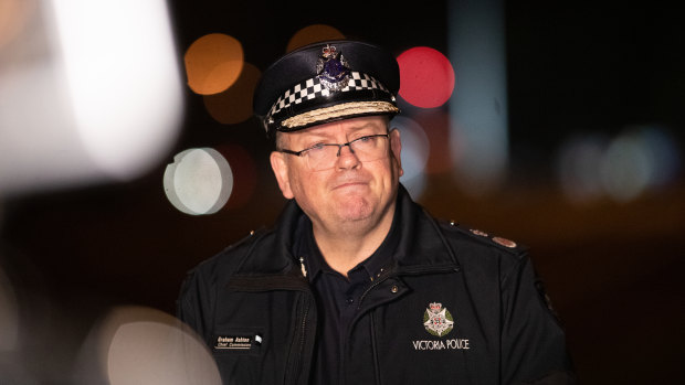 Chief commissioner Graham Ashton speaks to the media at the scene of a crash that killed four police officers.
