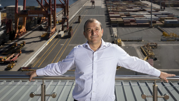 Patrick CEO Michael Jovicic, overlooking Port Botany, says a union dispute is delaying containers.