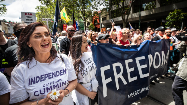 Crossbench MP Catherine Cumming at the freedom rally on Saturday.