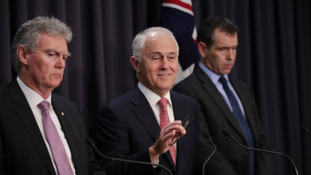 Former prime minister Malcolm Turnbull with ASIO Director-General Duncan Lewis and counter terrorism co-ordinator Tony Sheehan at Parliament House in 2017.  