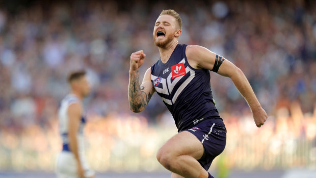 Fremantle's Cam McCarthy celebrates after kicking one of his bag of five goals against North Melbourne last season.