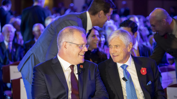 Prime Minister Scott Morrison and chairman of the Australian War Memorial Council Kerry Stokes at the launch of the memorial's half-a-billion-dollar redevelopment.