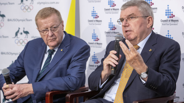 John Coates and IOC president Thomas Bach in Brisbane earlier this year, where Coates lobbied for the summer Olympics in 2032.