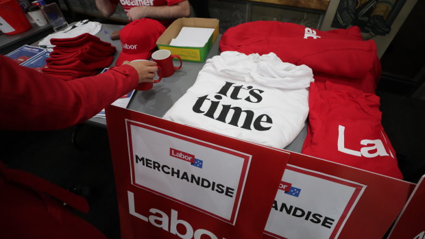 Labor was selling "It's time" T-shirts at Bill Shorten's speech. 