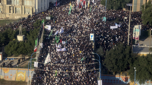 Mourners attend a funeral ceremony for Qasem Soleimani in the south-western Iranian city of Ahvaz on Sunday.