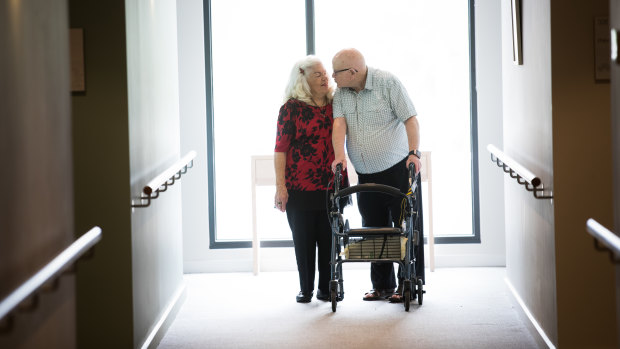 Sam Wilson and Gloria Graydon, who met and fell in love at the aged care facility. Picture: Jason South.  